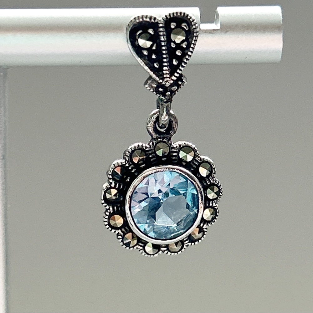 Vintage Blue Topaz Marcasite Dangling Flower Signed Sterling Silver Earrings - Picture 9 of 12